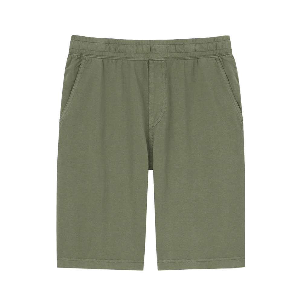 Olive green shorts with elastic waistband and pockets.