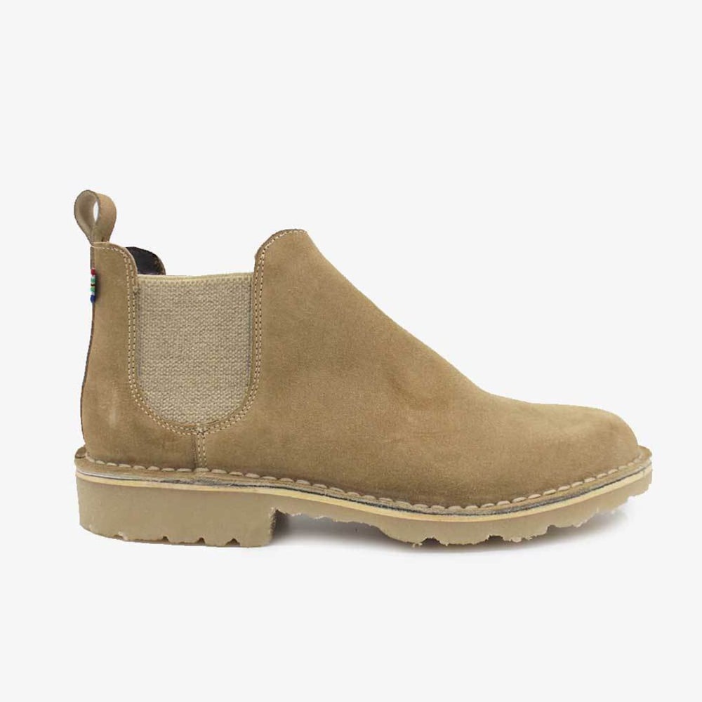 Stylish tan suede Chelsea boots with elastic panels.