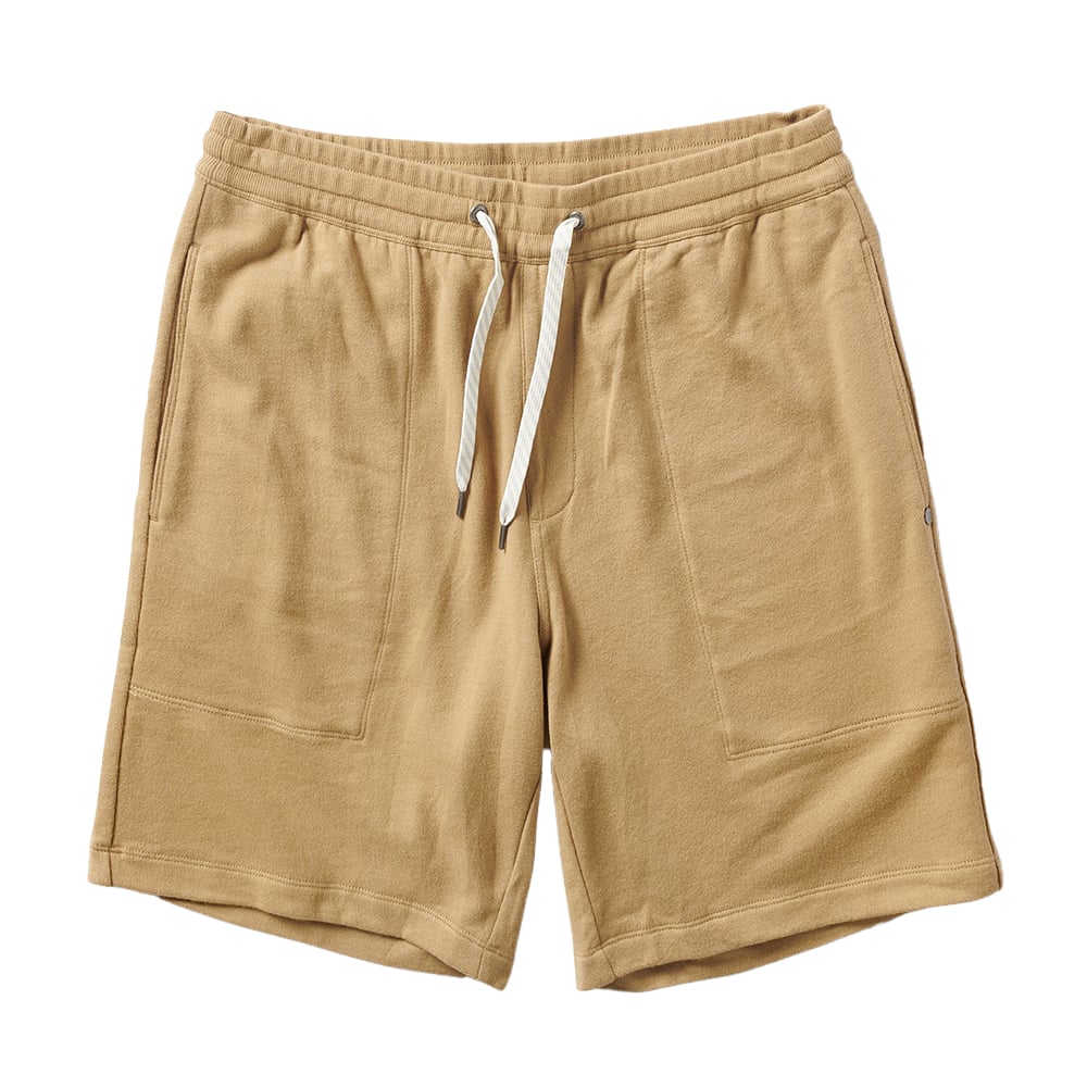 Beige lounge shorts with drawstring and pockets.