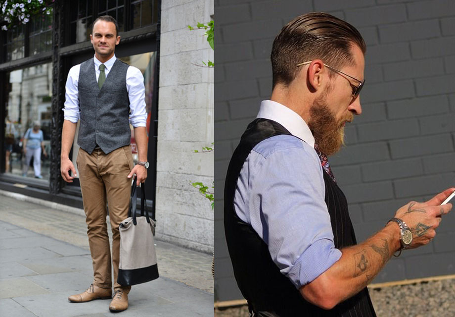 Left: Stylish man holding bag. Right: Tattooed man texting phone.