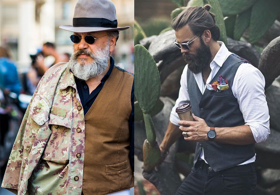 Bearded men in contrasting outfits.