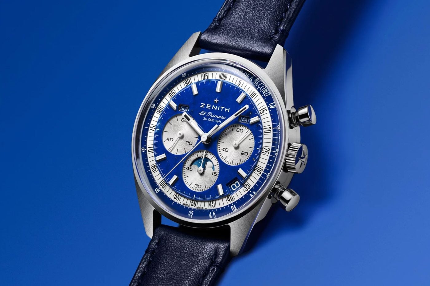 Zenith Chronomaster Original Triple Calendar watch with lapis lazuli stone dial and El Primero 3610 movement.